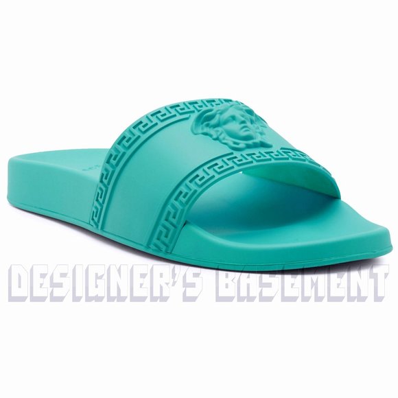 VERSACE mens 42EU - 9US turquoise CARDINAL Medusa head FLIP-FLOP slide sandals - Picture 3 of 9